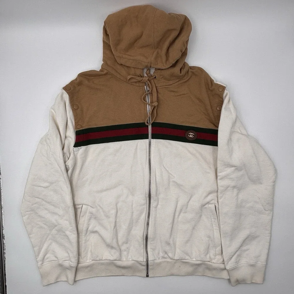 Gucci Web Stripe Zip Up Hoodie Mens Large Beige Off White Cotton Italy Authentic